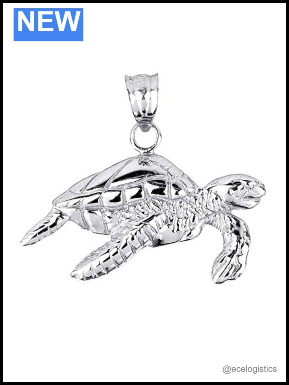 14k Solid White Gold Sea Turtle Charm Pendant